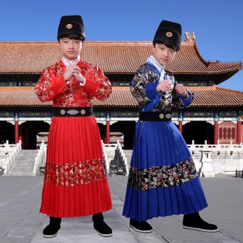 Boy's Chinese folk dance dragon dress warrior swordsmen hanfu ancient traditional stage performance competition drama cosplay robes